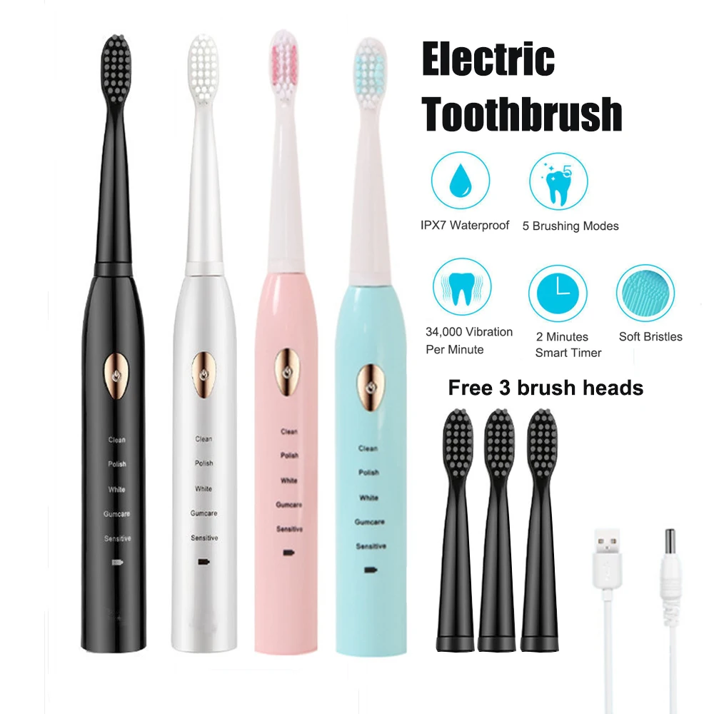 

Ultrasonic Sonic Electric Toothbrush Rechargeable Tooth Brushes IPX7 Soft Bristles Electronic Whitening Teeth Brush Adult Timer
