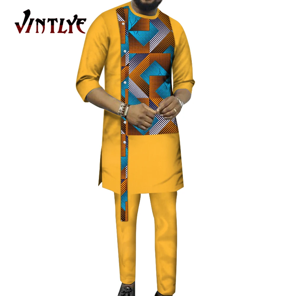 Bazin Riche African Clothes for Men 2 Pcs Set Hip Hop Long Sleeve Shirt and Pant Dashiki African Traditonal Men Outfit WYN1197
