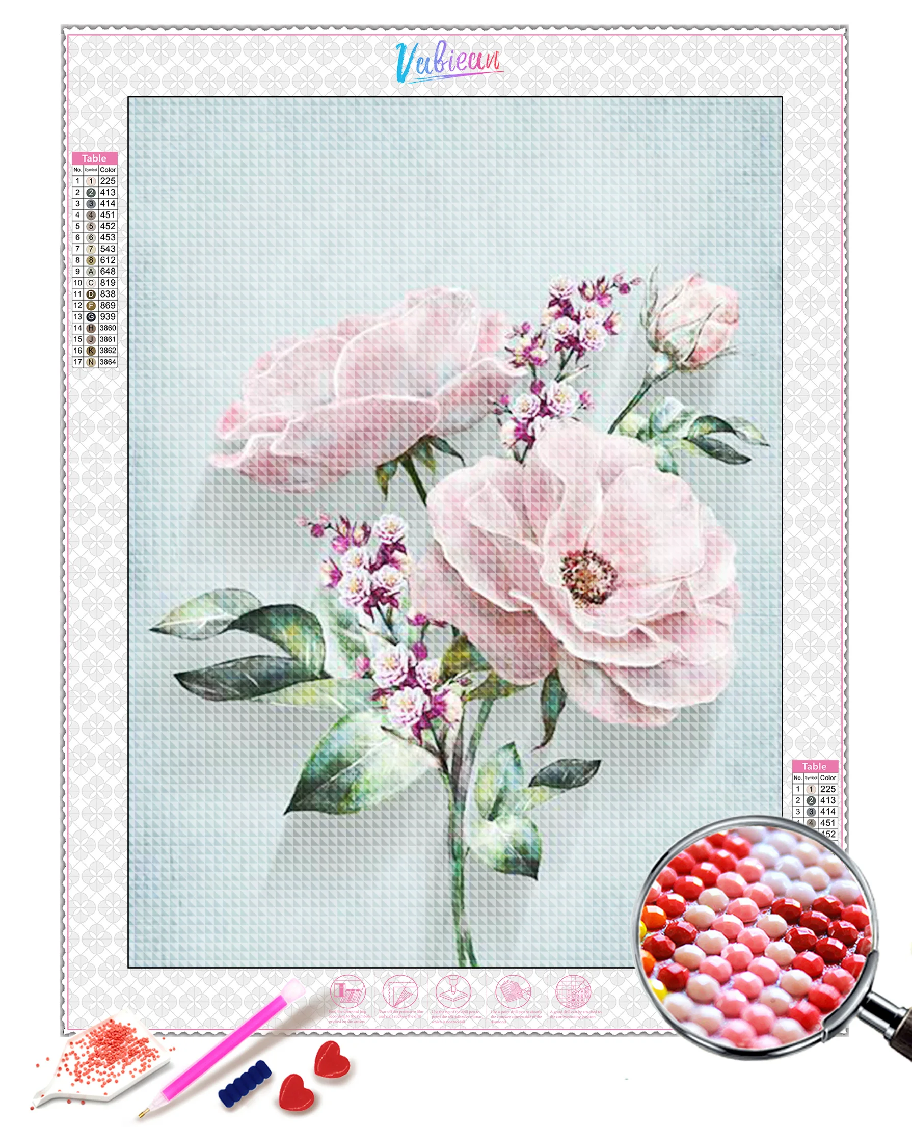 

5D DIY3 pcs Diamond Painting "pink flower" 3D Diamond Embroidery Cross Stitch Home Decor