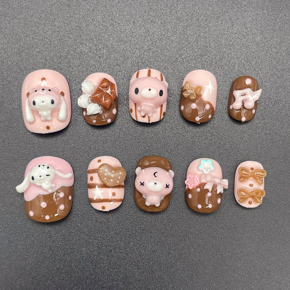 Фото Накладные ногти Kawaii с дизайном кролика, медведя, шоколадного крема, короткие, круглые, милые, розовые, в стиле сладкого печенья, 3D, с мультяшными куклами №2