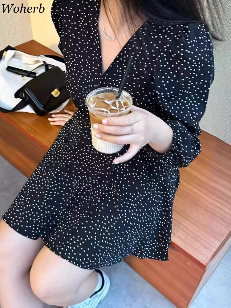 Женское мини-платье в горошек облегающее платье Корейском стиле с пышными