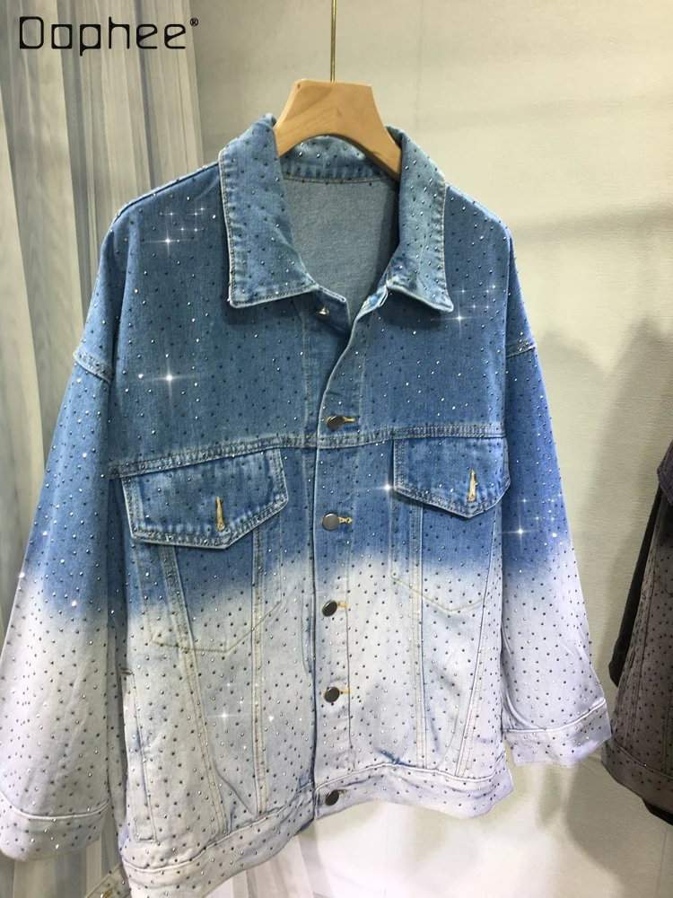 

Hot Drilling Tie-Dyed Denim Jacket for Women 2023 Autumn Winter New Gradient Clothing Loose Mid-Length Single-Breasted Cardigan
