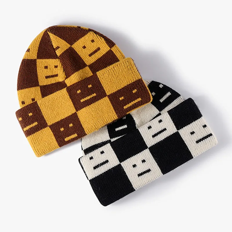 

Streets Big Hat Women Winter Cold Warm Ear Thick Fashion Cashmere-Like Knitted Cap Jacquard Robot Smiling Face Skullies & Beanie