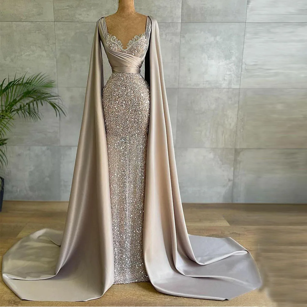 Luxury Beading Sequins Mermaid Prom Dresses With Cape Sleeves Sheer Neck Women Evening Gown Dubai robe de mariée платье images - 6