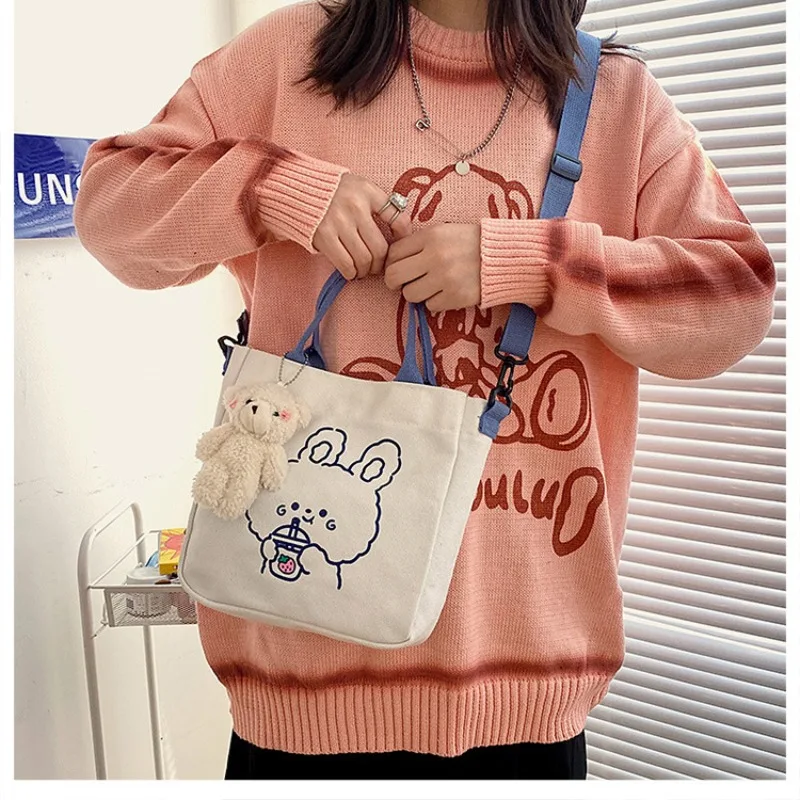 

New Japanese Canvas Bag Student Class One Shoulder Fashion Large Capacity Handbag Cartoon Print Women's Leisure Crossbody Bag
