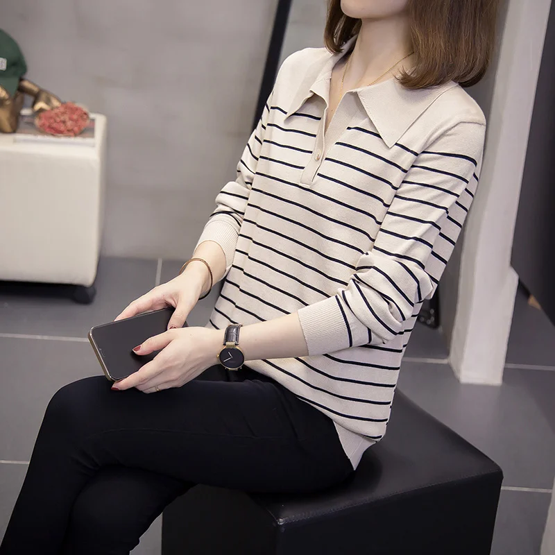 

Autumn Stripe Oversize Pullover Sweaters Women Turn-down Collar Casual Loose Knitted Jumpers L-4XL Oversize Female Knitting Tops