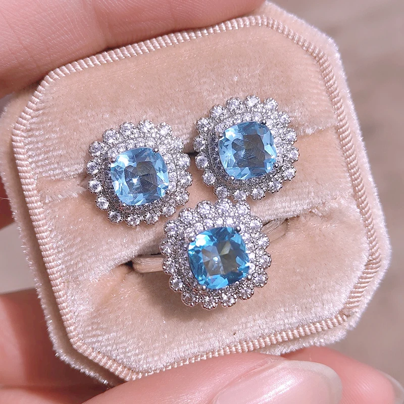 

UILZ Sea Blue Silver Color CZ Jewelry Set Princess Cut Zircon Stud Earrings Rings Glamour Bride Wedding Cocktail Banquet Gifts