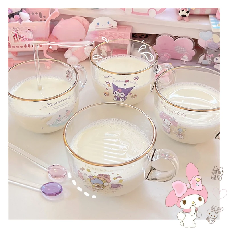 

Мультяшная аниме-фигурка Cinnamoroll Kuromi My Melody PINK Kawaii, стеклянная кружка для завтрака, милая игрушка, кружка для хлопьев, Подарочная кружка для за...