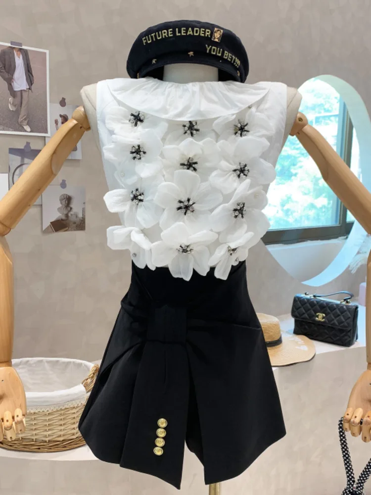 

Summer 2022 New Korean Fashion Three-dimensional Flower Blouse Shirt Tops Tee Casual Ladies Female Women Sleeveless Blusas Tops