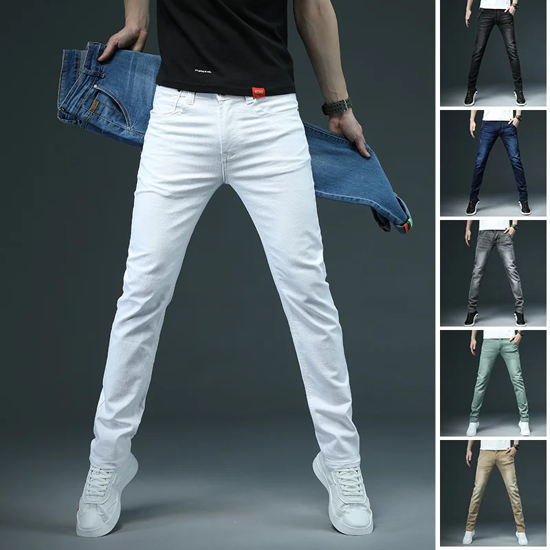 

Новинка 2022, мужские облегающие белые джинсы, модные повседневные эластичные хлопковые обтягивающие джинсовые брюки, Мужская брендовая одежда, черная, серая, хаки