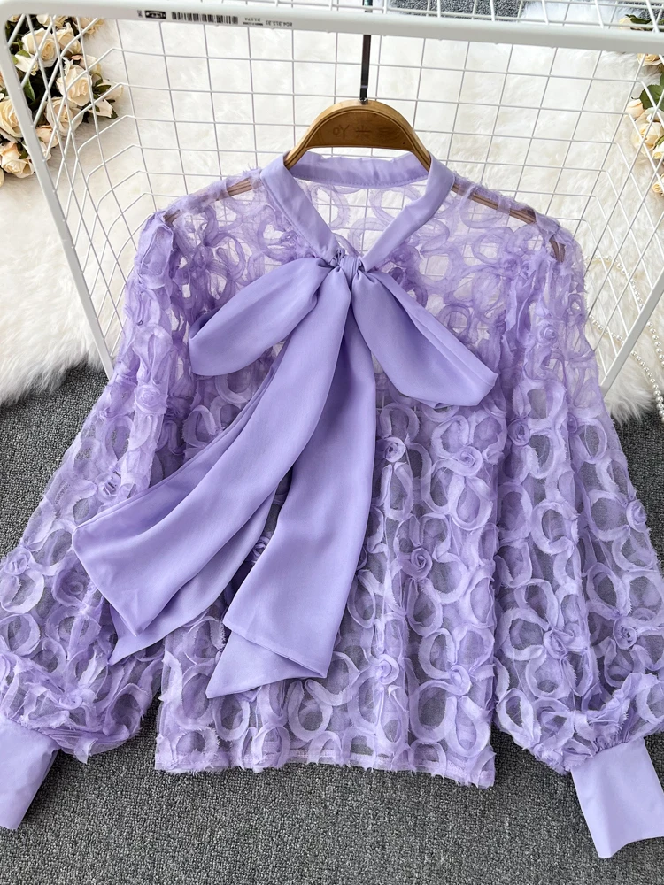 

2022 New Women Blouse Ladies Mesh Crochet Hollow Out Lace Up Collar Solid Long Sleeves Urban Loose Shirt Female Casual Long Tops