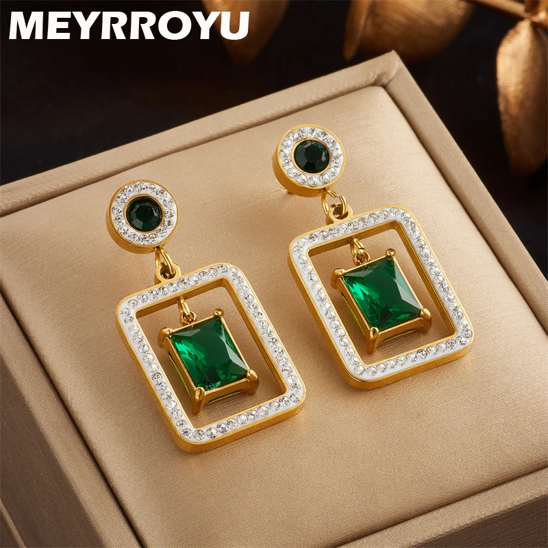 

MEYRROYU 316L Stainless Steel New Square Geometry Green Cubic Zirconia Statement Earrings For Women Female Party Gift Brincos