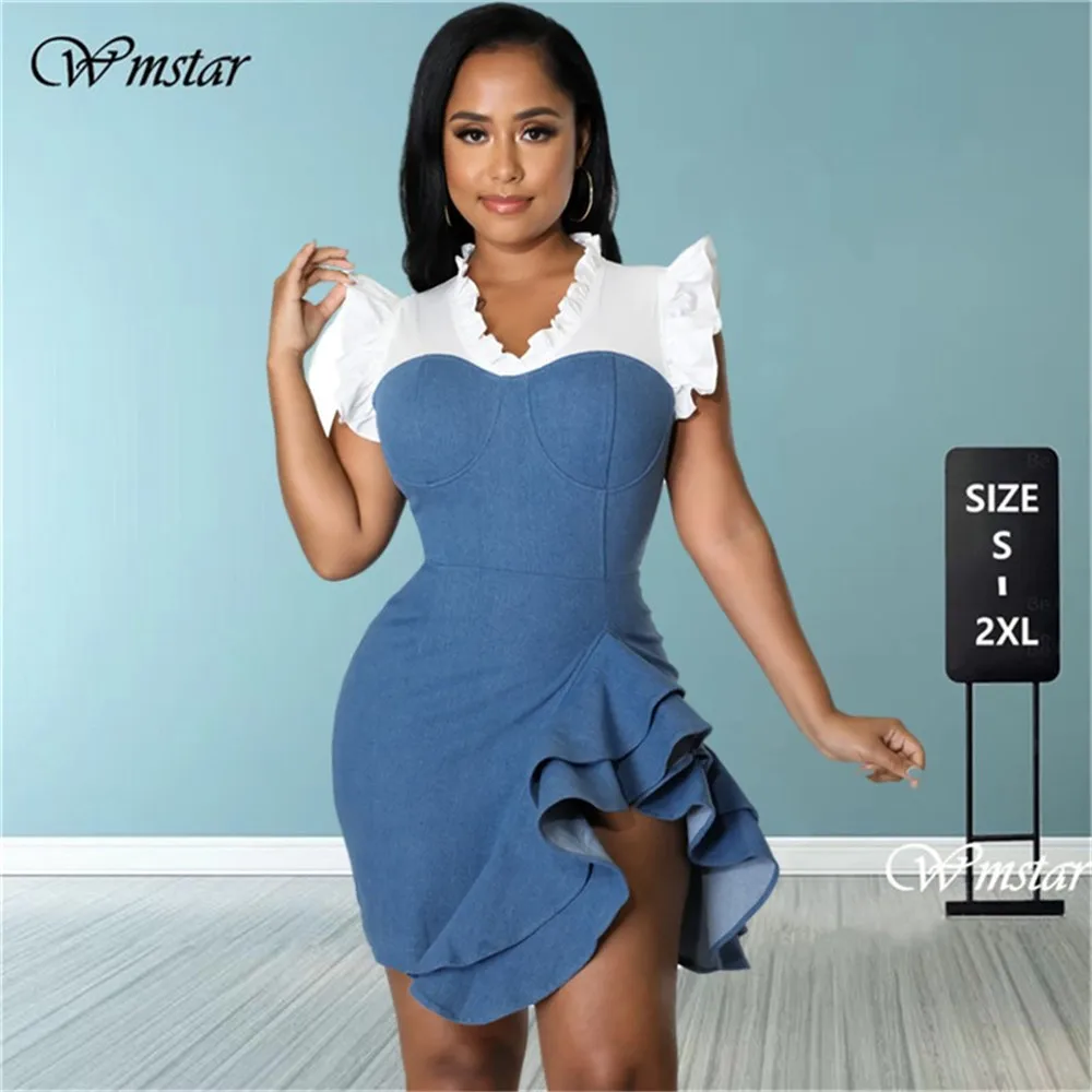 

Wmstar Denim Dresses for Women Patchwork Super Stretch Ruffle Hem Casual Sweet Mini Dress Birthday Outfit Wholesale Dropshipping