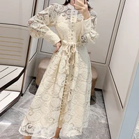 dress luxury elegant a line party belt hollow out lace embroidery dresses women 2021 spring long sleeve vintage
