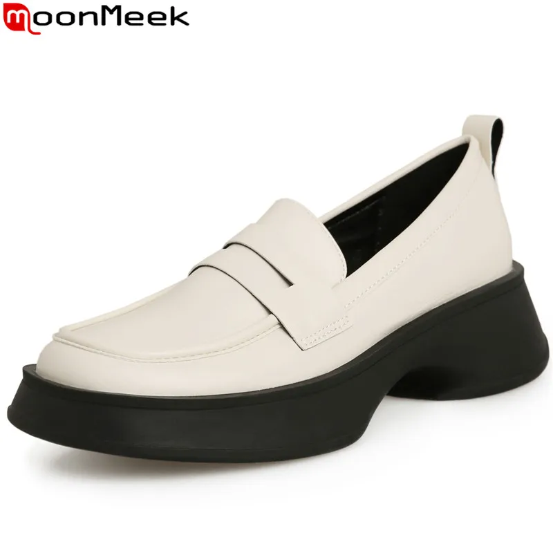 

MoonMeek 2023 New Concise Ladies Square Med Heels Pumps Slip On Genuine Leather Single Shoes Loafers Platform Dress Shoes