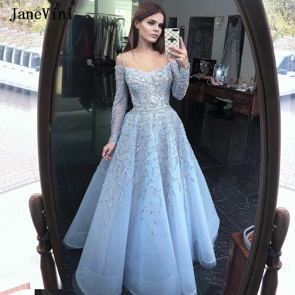 

JaneVini Luxury Blue A Line Evening Dresses Long Sleeves 2022 Sparkly Beading Off Shoulder Dubai Arabic Women Formal Prom Dress