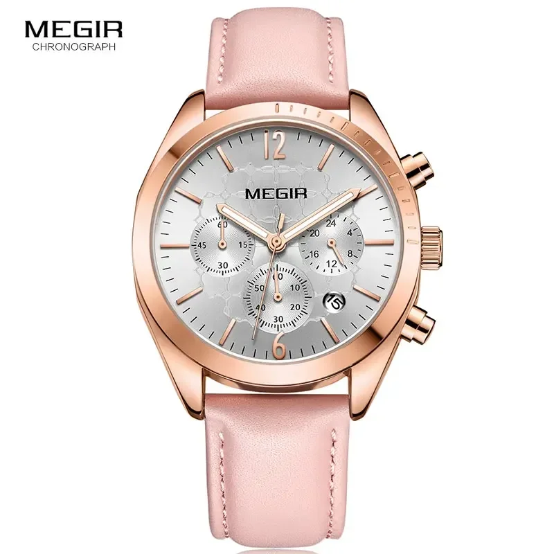 Megir женские кожаные кварцевые часы с хронографом 24-часовые водонепроницаемые