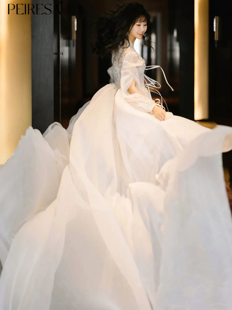 

Женское элегантное вечернее платье PEIRESA, элегантное платье из двух предметов, кружевное лоскутное платье с рукавами-фонариками, Свадебные Длинные платья