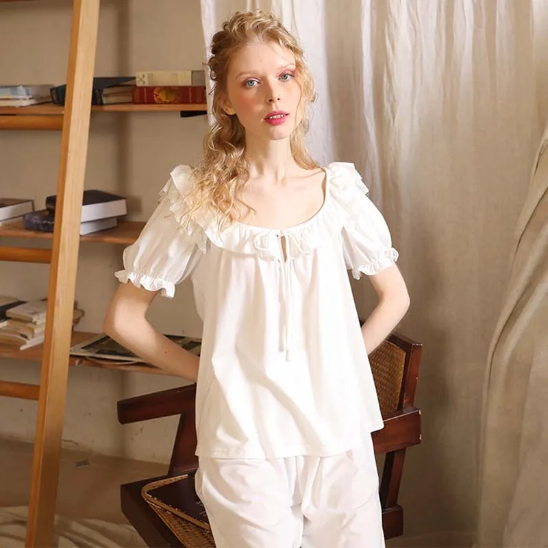 Roseheart Summer White Women Sleep Pajama Sets Sleepwear Suits Cotton Nightwear O Neck Plus Size 2 Piece Nightgown Pants