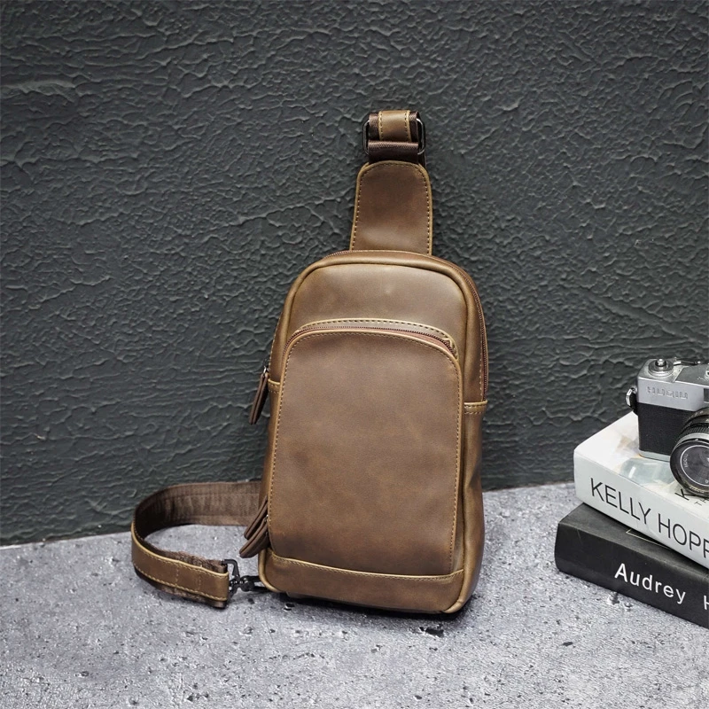New Crazy Horse Leather Chest Bag Casual Korean One Shoulder Men's Backpack Crossbody Bag Large Capacity Soft Leather Bag