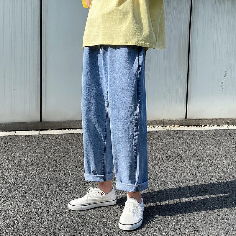 Summer Grey Blue Jeans Men Fashion Casual Straight Jeans Men Streetwear Hip Hop Loose Denim Pants Mens Cropped Pants M-3XL