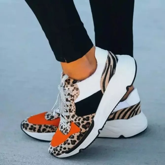 

new single shoes women's foreign trade leopard pattern color matching lace up casual sports shoes for women