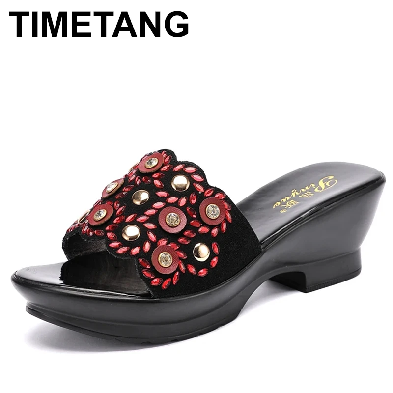 

Genuine Leather Slippers Summer New Wedge Shoes Female Fashion Leisure Sandals Rhinestone Antiskid Mother Slippers