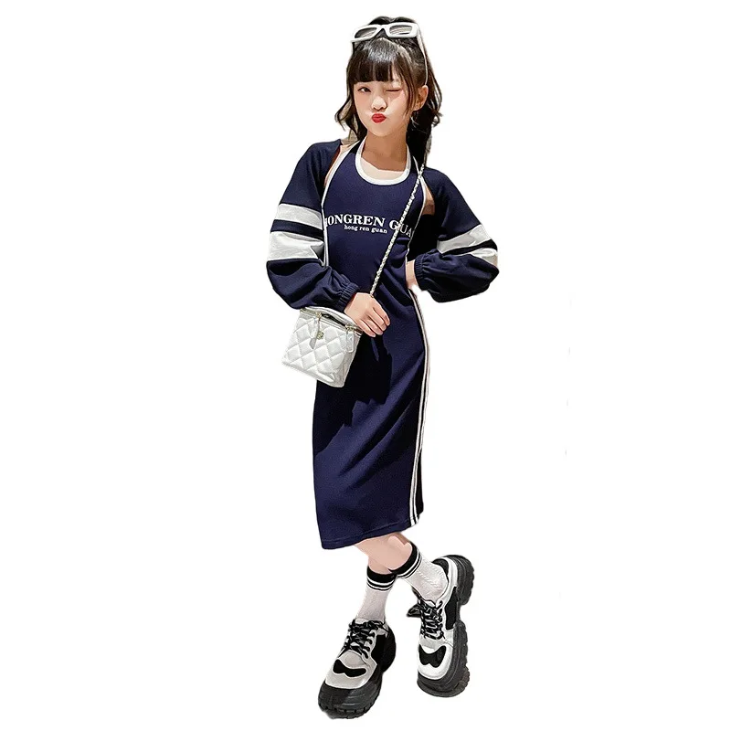 

Повседневный костюм для девочек, весенне-осеннее платье с лямкой на шее + топы, 2 предмета, подростковая одежда, модный тонкий костюм с длинно...