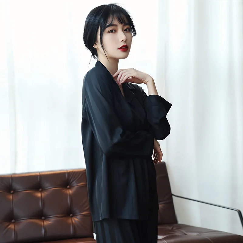 Silk Pajamas Women's Striped Jacquard Black Loose Shirt Long-Sleeved Trousers Can Be Worn outside Korean Style Two-Piece Suit