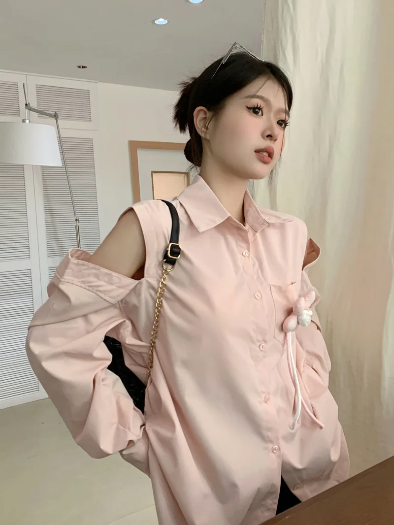 

2023 Sweet Fairy Long Sleeve Blusas Elegant Preppy Style Chic Y2k Pocket Flower Blouse All Match Loose Hollow Out Women Shirts