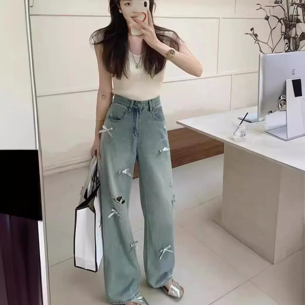 Американские винтажные прямые джинсы с высокой талией и бантом для женщин