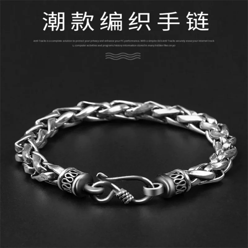 Fashion Bracelet S925 Sterling Silver Personality Thai Silver Simple Woven Bracelet Men's Vintage Bracelet