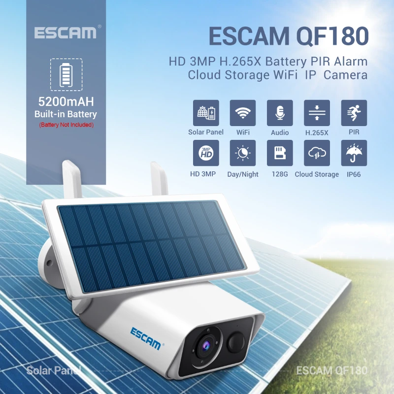 

ESCAM QF180 H.265 3 Мп Беспроводная ночная версия с датчиком движения, облачное хранилище, аудио, 128 ГГц, солнечная батарея, камера IP66