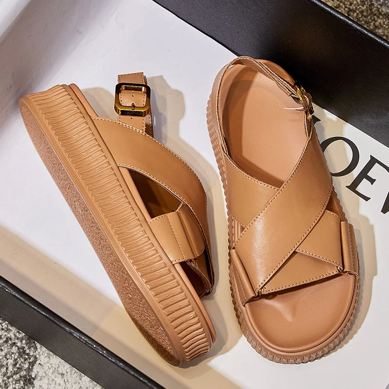LSXJK Sandals Woman Summer 2022 New Solid Color Sports Platform Sandals High Quality Women Shoes Fashion Genuine Leather Casual