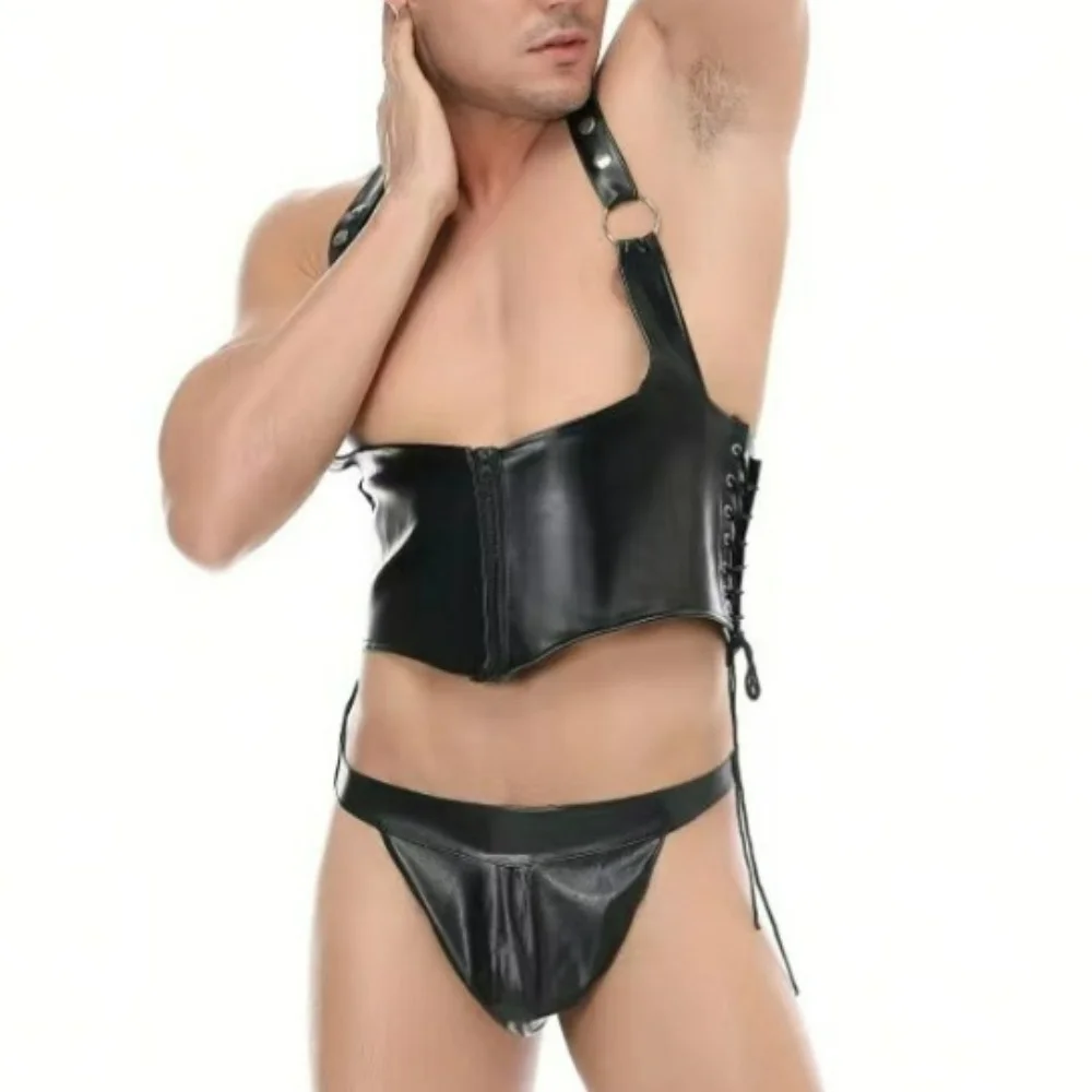 Men's Sexy PU Leather Lace Up Tank Top and G-string Pants Set Tight Jumpsuit Emotional Party Night Club Wear Temptation Clothing