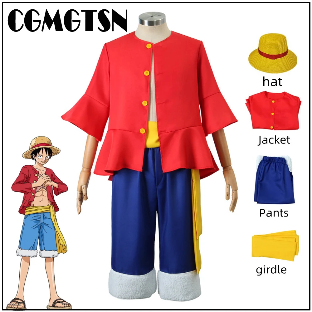 

CGMGTSN мальчики девочки Обезьяна D. Luffy косплей костюм Красная рубашка и брюки с шляпой наряды дети Хэллоуин вечевечерние представлений одежда