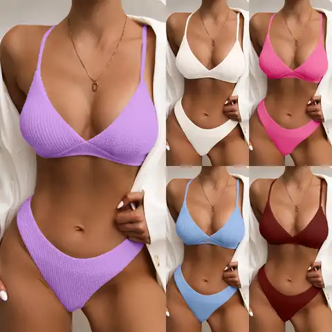 Women Bikini 2023 New Halter Lace Up Triangle Bikini Sets Split Three-point Solid Color Bathing Suit Women Swimsuit Swimwear