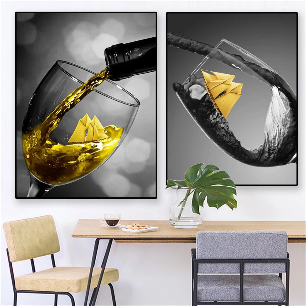 

Modern Wine Glass with Small Boat Poster Red Wine and Bottle Canvas Painting Wall Art Print Kitchen Dining Room Restaurant Decor
