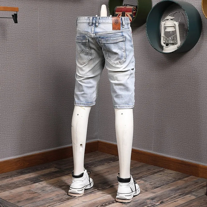 Short Jeans Men Streetwear Splash-ink Printed Denim Shorts Fashion Casual Light Blue Stretch Straight Pants
