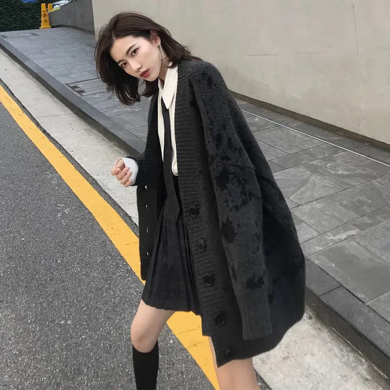 

Женский однобортный длинный кардиган, повседневный свободный свитер с длинным рукавом и V-образным вырезом, с винтажным принтом, P643, Осень-зима 2022