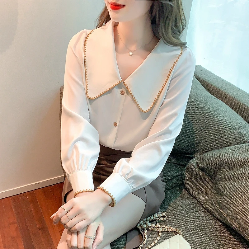 

New 2022 Spring Autumn Women Chiffon Shirt Fashion Sailor Collar Long Sleeved Solid Color Office Lady Tops Blouses