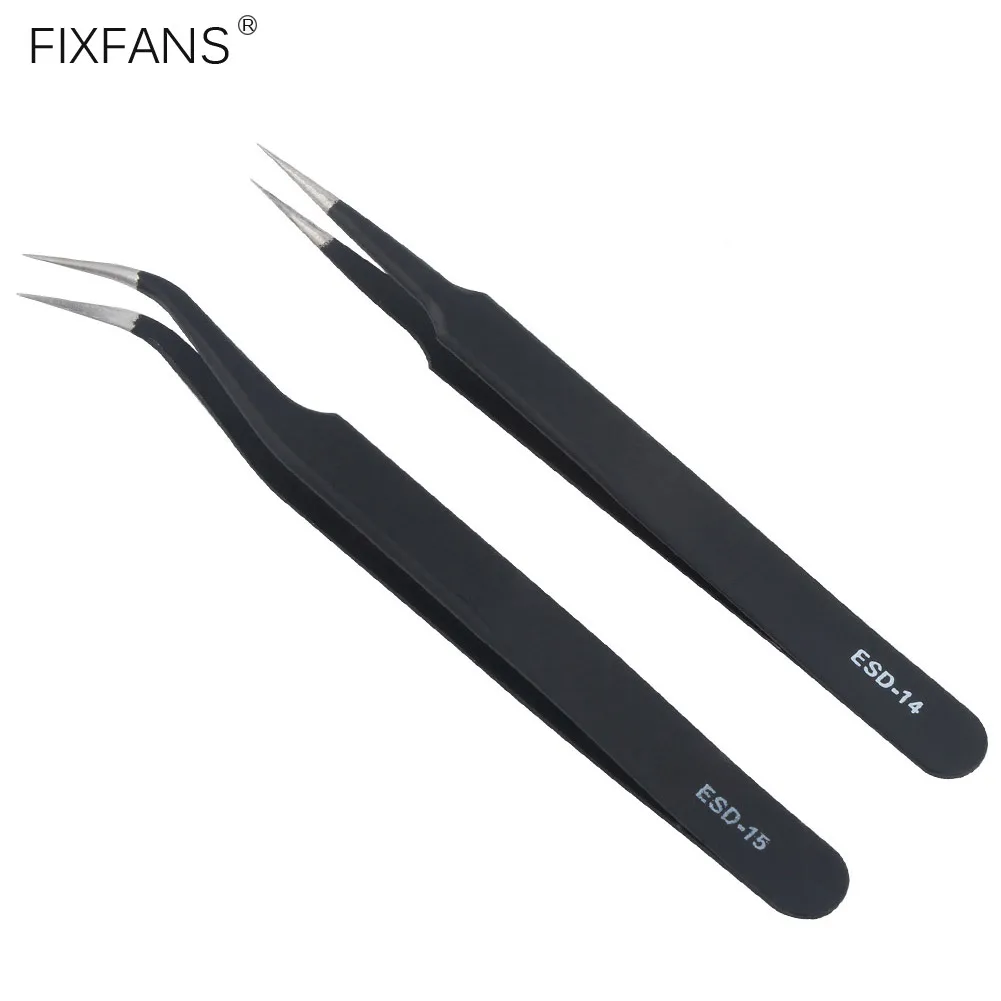 

FIXFANS 2Pcs Anti Static Precision Stainless Steel ESD Tweezers Set, Professional Fine Pointed Tip Straight Curved Tweezers
