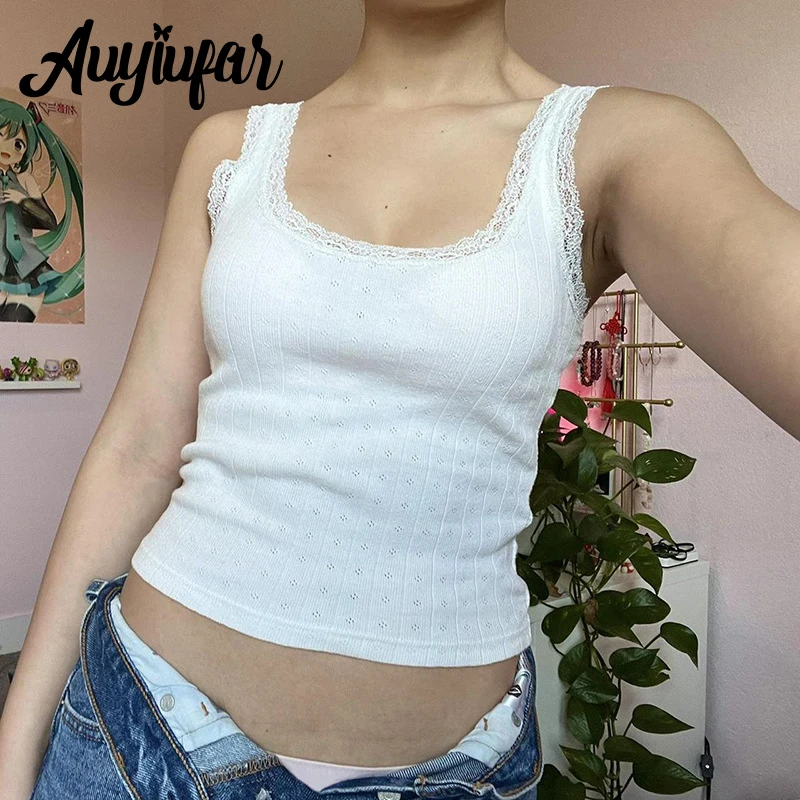 

Auyiufar Coquette Aesthetic Kwaii Lace Trim Tank Tops Fairycore White Bodycon Women Crop Top Y2k Cute U-neck Sexy Basic Clothes
