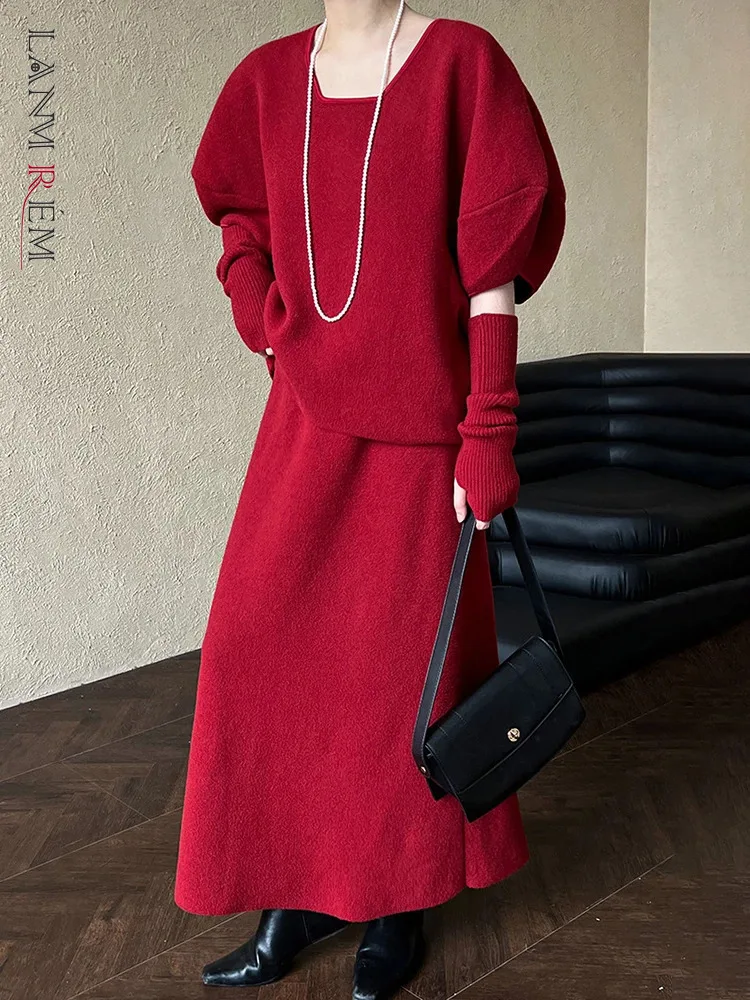 [LANMREM] Вязаный комплект из 2 предметов женский пуловер с круглым вырезом и