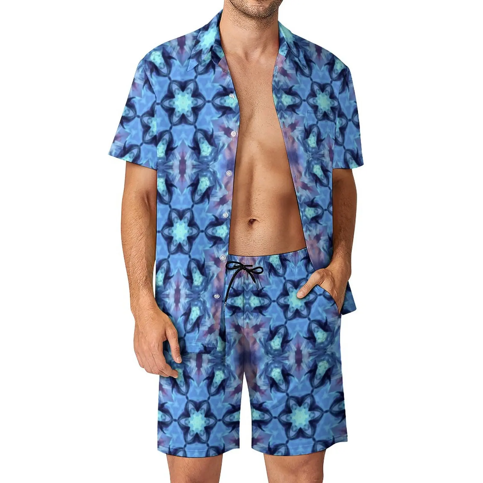 

Vintage Bohemia Men Sets Abstract Ocean Print Streetwear Casual Shirt Set Short-Sleeve Shorts Summer Beachwear Suit Big Size