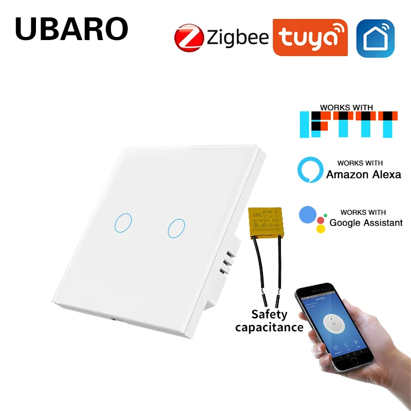 Фото UBARO Tuya умный дом WIFI настенный выключатель света 2Gang работает с Google Assistant Amazon Alexa Yandex Alice датчик голосового управления №1