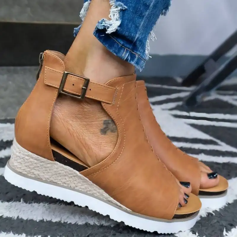 

2022 Summer versatile fashion wedge heel hollow height straw peep-toe Roman sandals plus size