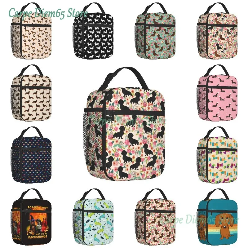

Custom Doxie Florals Dachshund Lunch Bag Women Cooler Warm Insulated Lunch Box for Adult Office