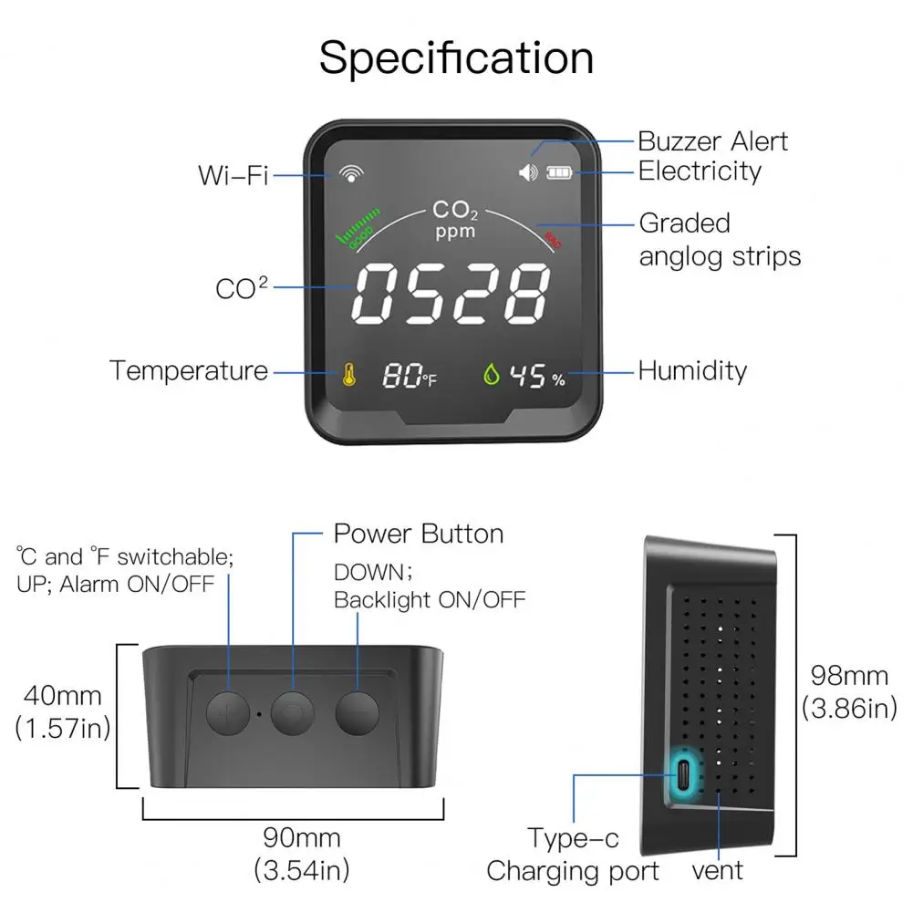 CO2 Detector 1 Set Practical High Precise APP Control  Wi-Fi Full-Color Display Screen 3-in-1 Carbon Dioxide Monitor for Home