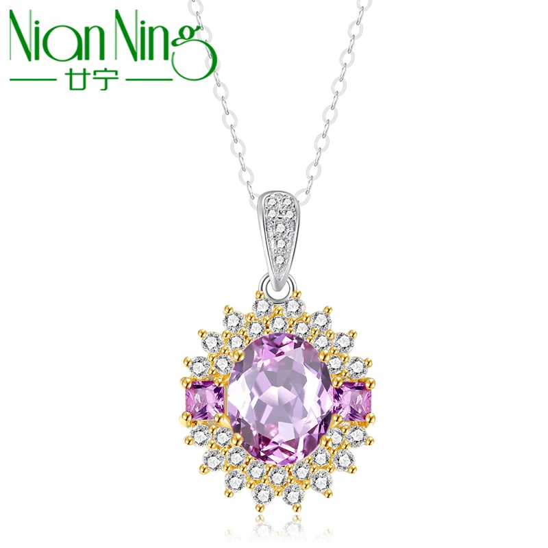 NianNing 100% Amethyst 925 Sterling Silver Pendant Necklace Women Purple Big Size Stone Gem Gemstones S925 Fine Jewelry 1628